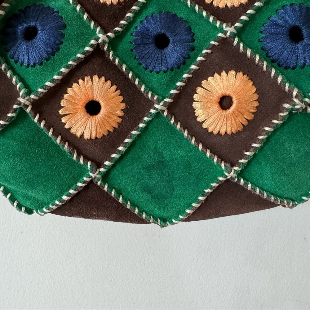 Vintage Boho Suede Crochet Granny Square Bag Blue Brown Green - Picture 8 of 9